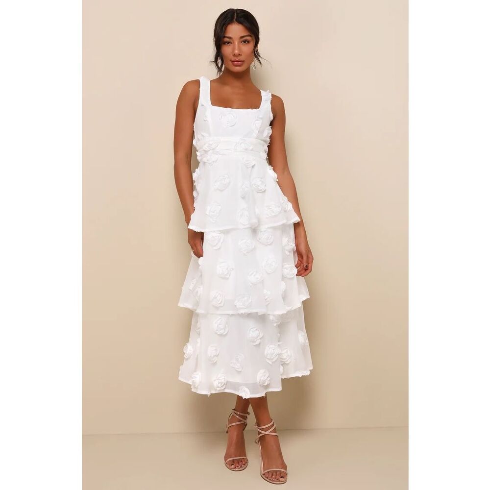 Lulus Exceptional Entrance White Sleeveless Tiered Rosette Midi Dress Size M NWT